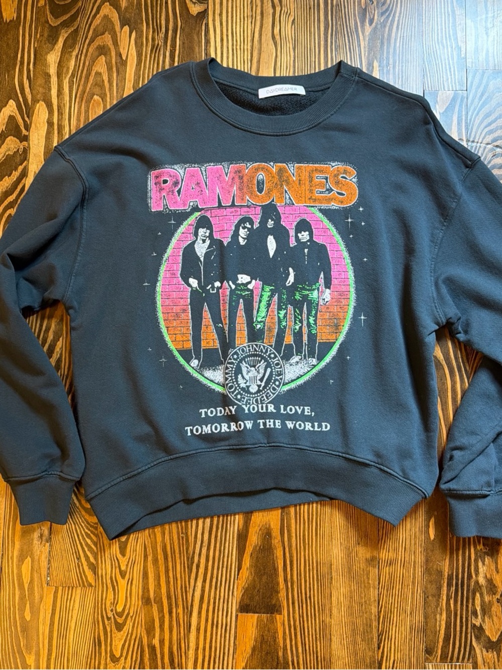Daydreamer Ramones Graphic Crewneck Sweatshirt in Black with Neon Print